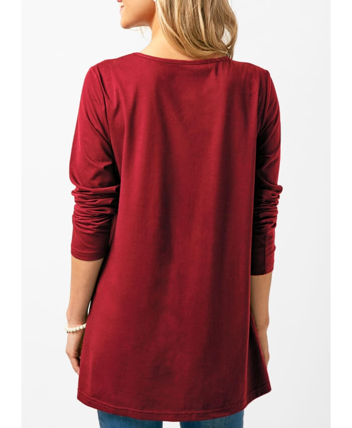 Long Sleeve Round Neck Pleated T Shirt